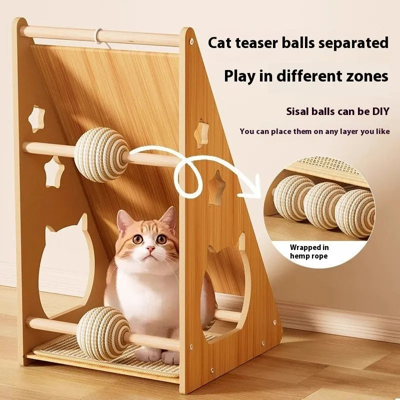 Vertical wall-mounted cat scratch board with sisal surface and hanging teasing ball