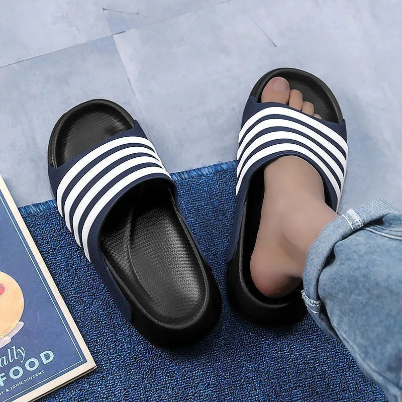 Casual PVC slippers with thick EVA sole in beige, black and white, blue and white, or green colour options