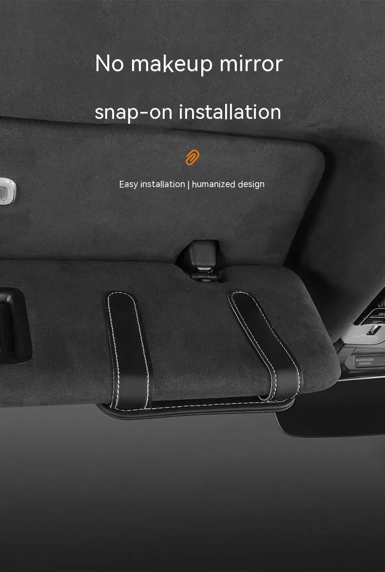Cowhide leather car sunglasses holder with card slots, shown in colour options, attached to a vehicle sun louver.