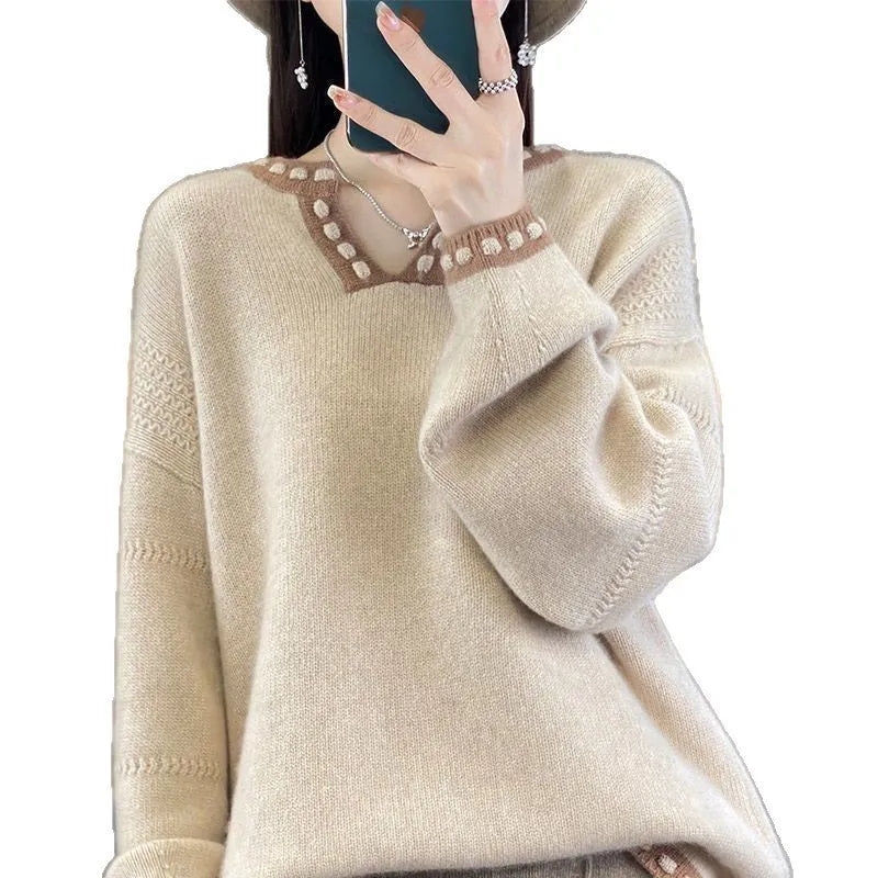 Women's camel colour V-neck viscose fibre pullover sweater with long sleeves