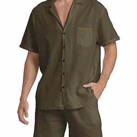 Men's black summer shorts suit with short-sleeved top and matching casual shorts