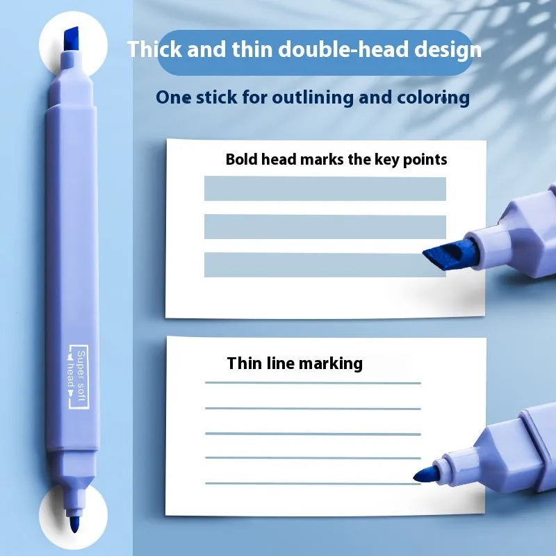 Pack of double-headed fluorescent marking pens showing both a broad and fine tip, with Salt series or Sweet series packaging.