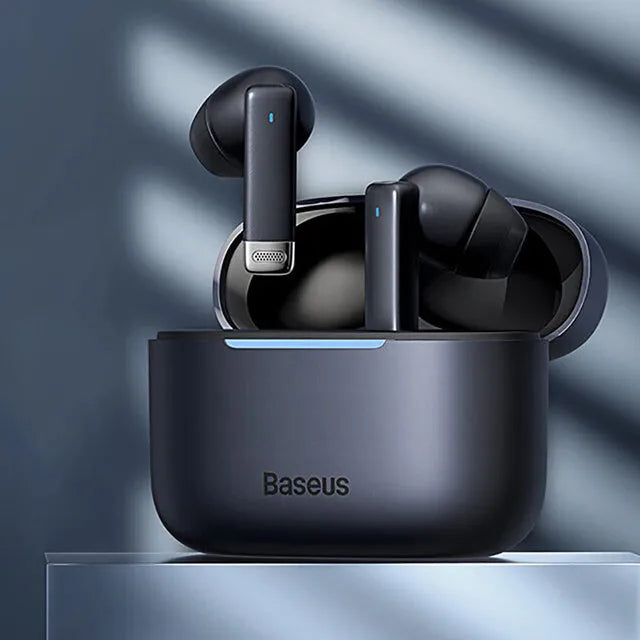 Active Noise Cancellation true wireless earbuds in Obsidian Black with a white charging case on a table.