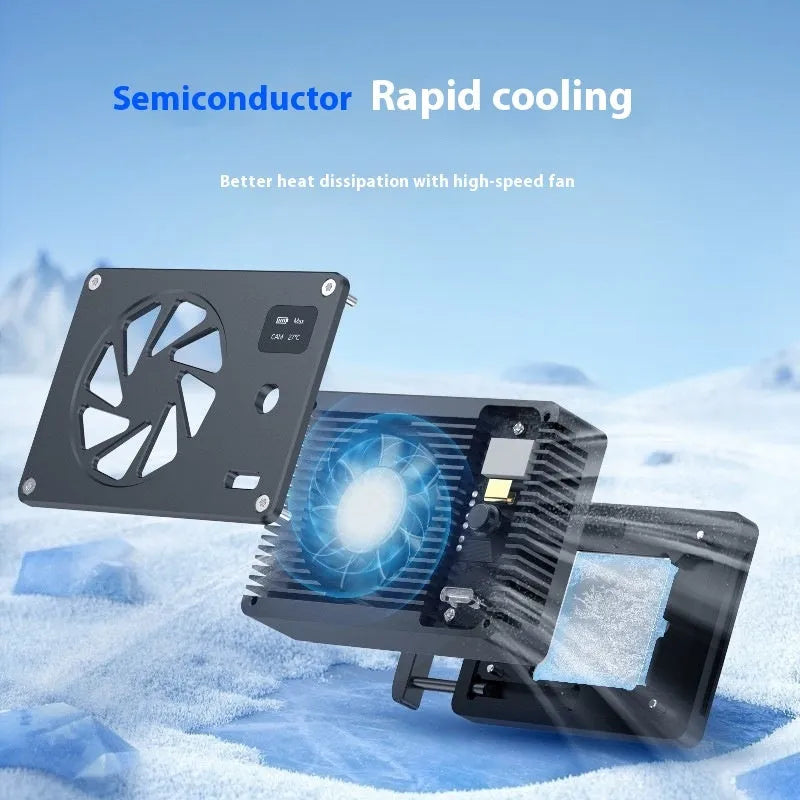 Black aluminium alloy cooling radiator fan unit showing compact dimensions and construction