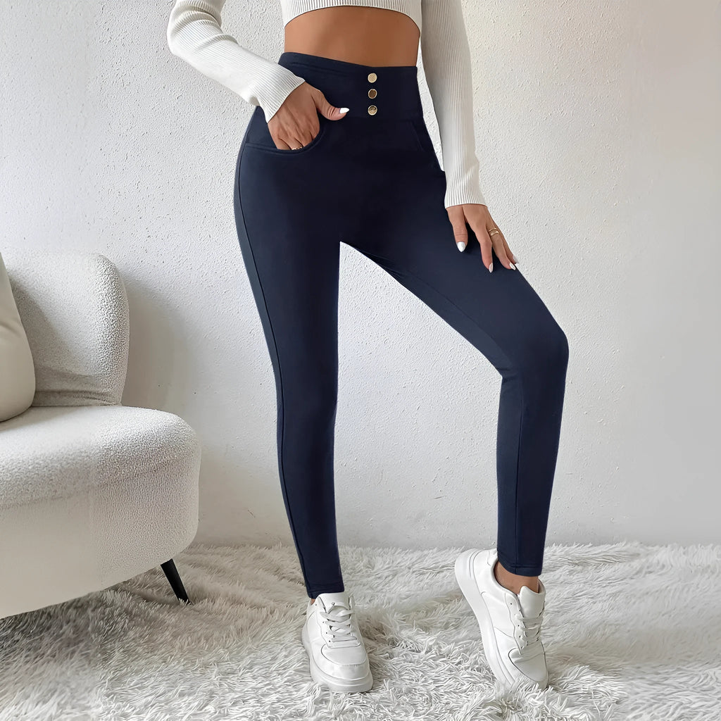 Navy blue women's high waist trousers with straight leg cut and micro elastic fabric