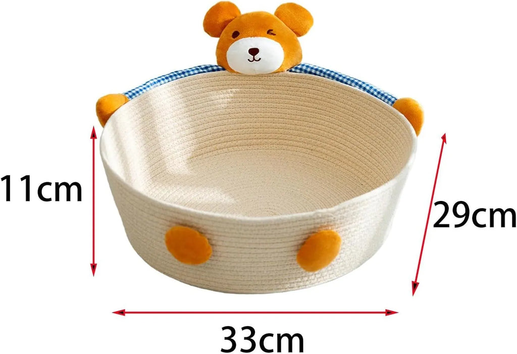 Woven cotton rope cat bed with integrated scratching board in three sizes for indoor cats