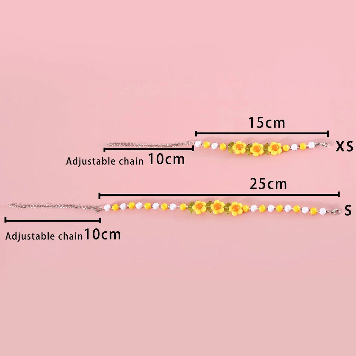Colourful plastic bead cat necklace shown in peach, rainbow, or small flower pattern options with adjustable sizing
