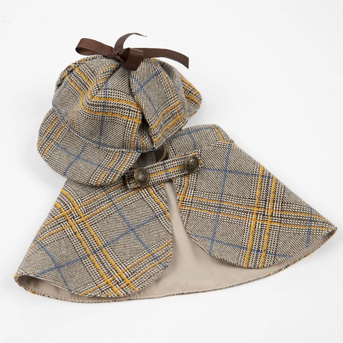 Camel coloured cotton pet cloak with adjustable hat for dogs, showing size options from S to 3XL