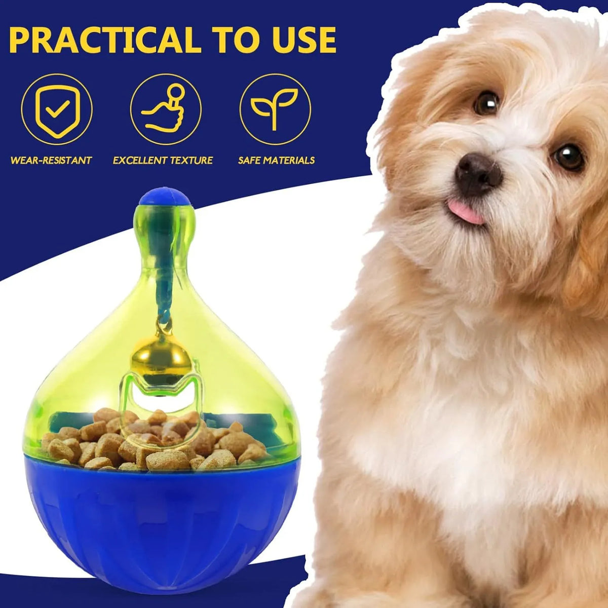 Blue and white tumbler-shaped dog and cat treat dispenser puzzle toy on a wooden floor.