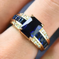 Personalised zinc alloy ring for men and women in a choice of three designs: sunflower blue diamond, square blue zircon, or square purple zircon.