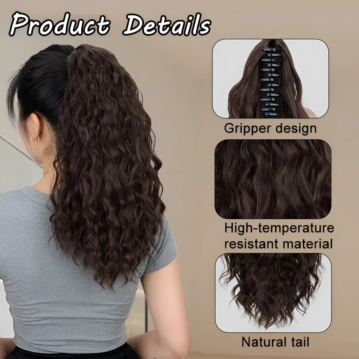 Ponytail corn curler wig with water ripple grip texture and hair clip attachment