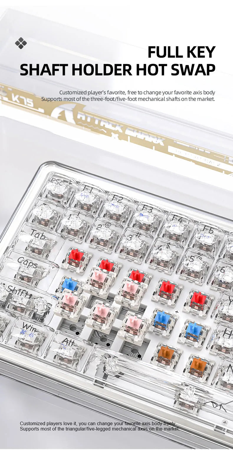 Attack Shark K75RGB wireless mechanical keyboard with transparent white case showing RGB lights and gasket mount.