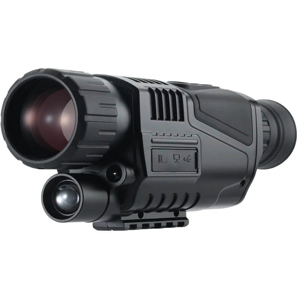 Black infrared digital night vision telescope with 40mm lens, storage bag, and cables for outdoor recording.