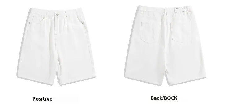 Men's light blue straight-leg denim shorts with five pockets and a zip fly on a mannequin.