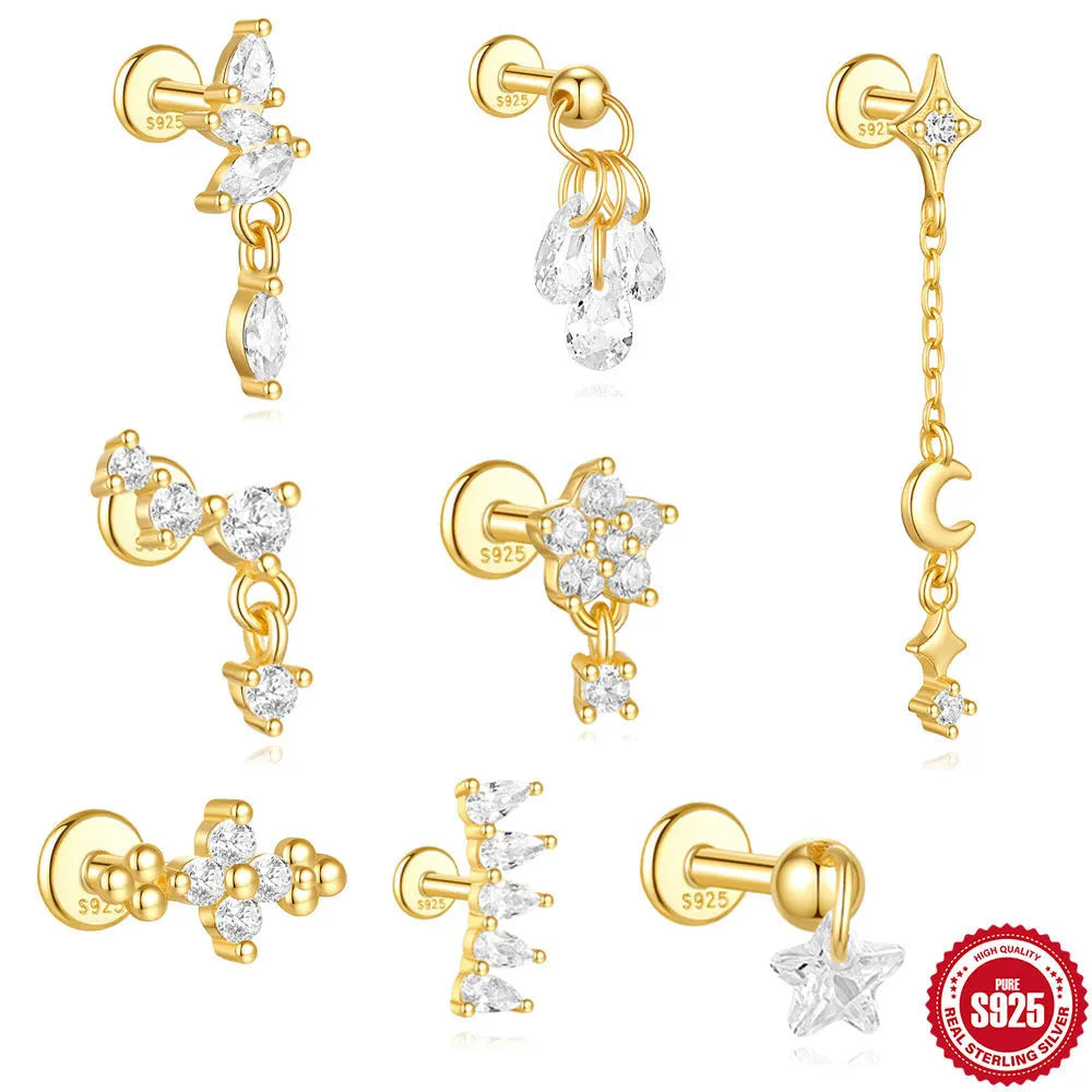 S925 sterling silver geometric moon earring with an embedded star detail in a gold colour finish.