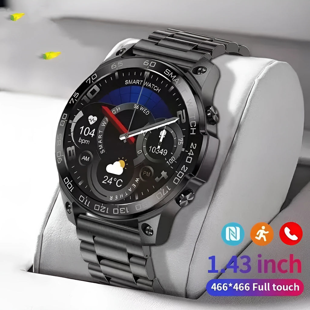 Bluetooth call sports watch with AMOLED screen showing fitness metrics and call interface