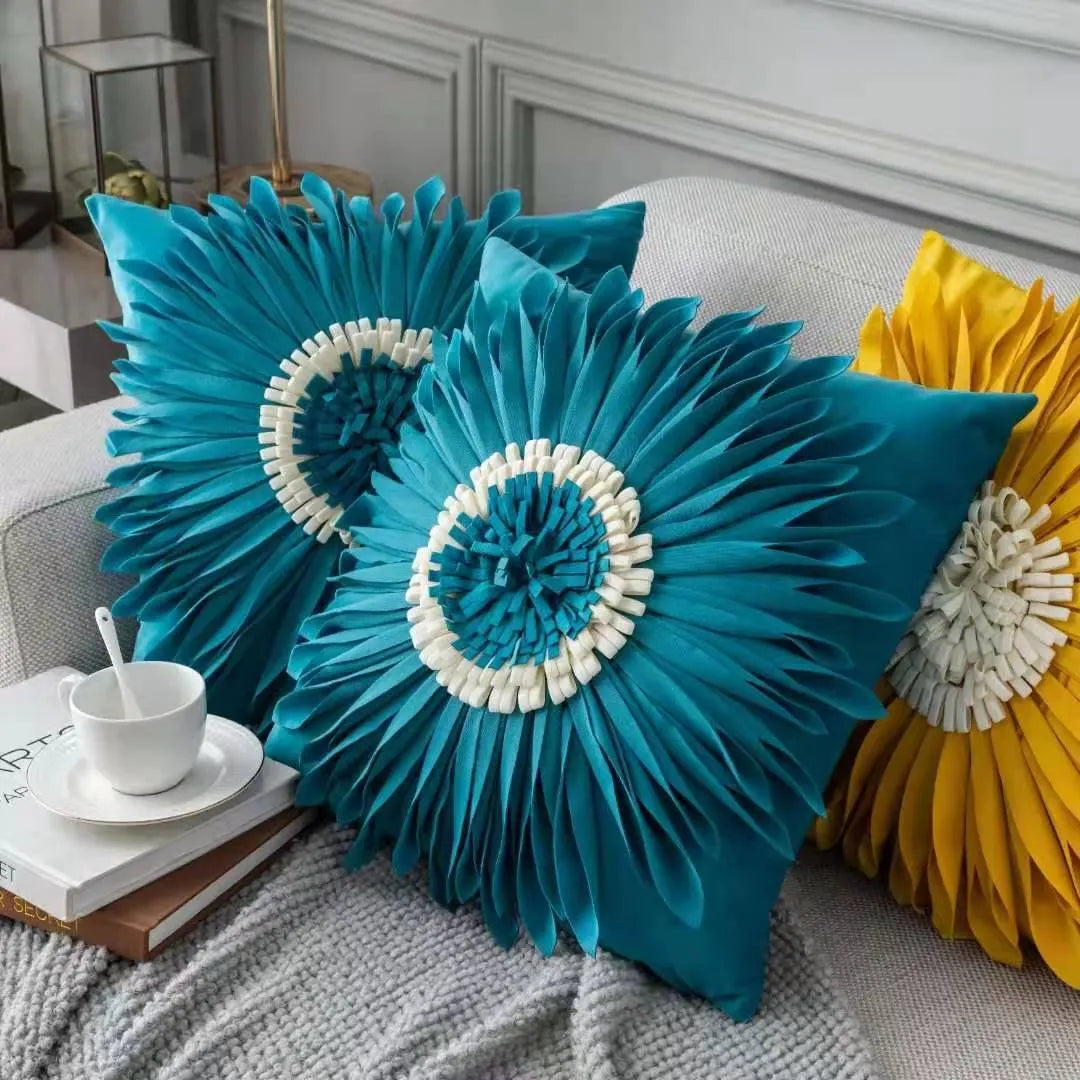 45cm velvet cushion cover with 3D tufted chrysanthemum front, fringed hem and bottom zip, shown in blue
