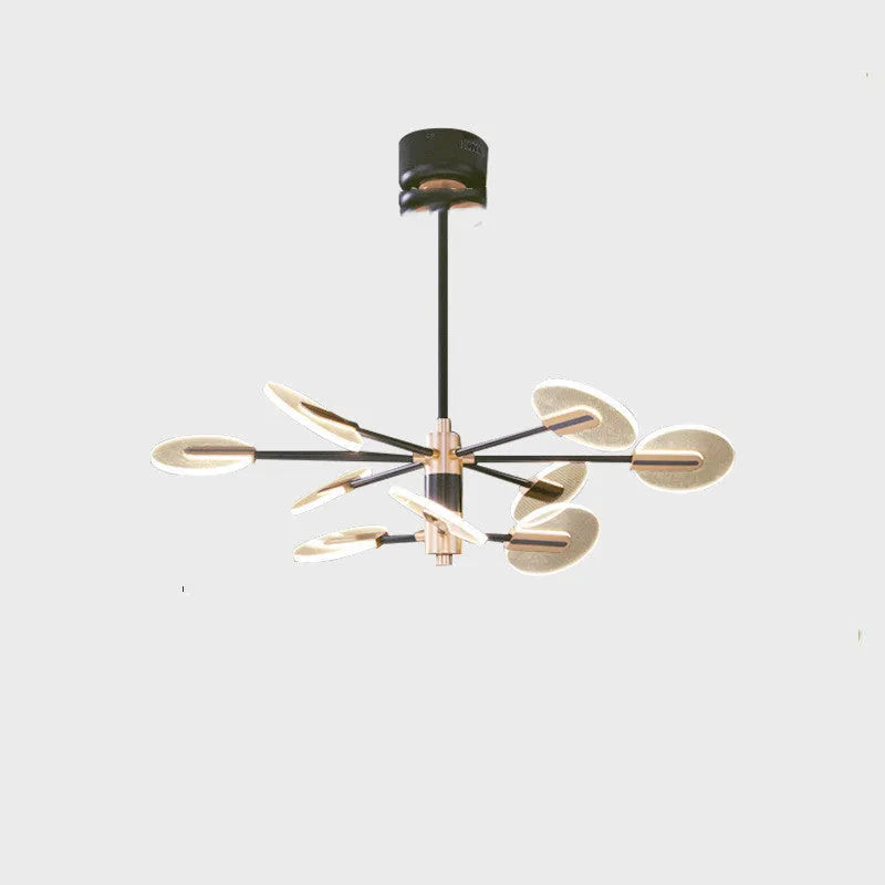 Nordic iron LED chandelier with multiple heads in acrylic detailing hanging from ceiling