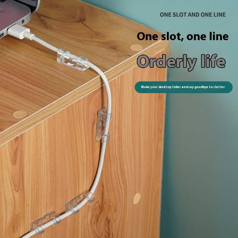 Transparent plastic self-adhesive cable routing snap clips in small, medium, large, and extra large sizes.