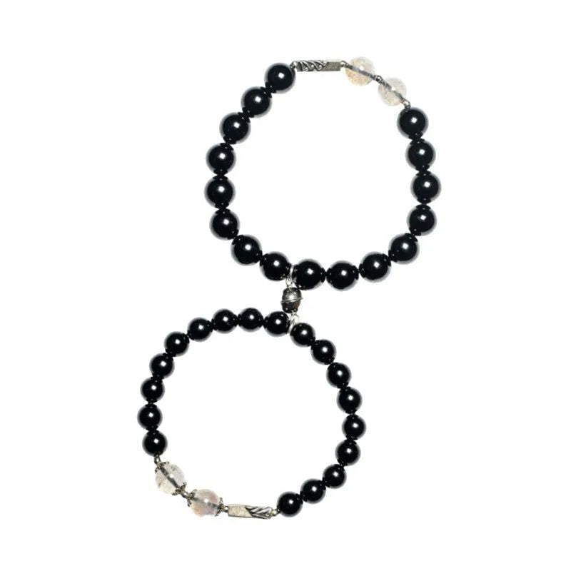 Obsidian Buddha beads couple bracelet DIY set showing 8mm and 10mm black stone beads