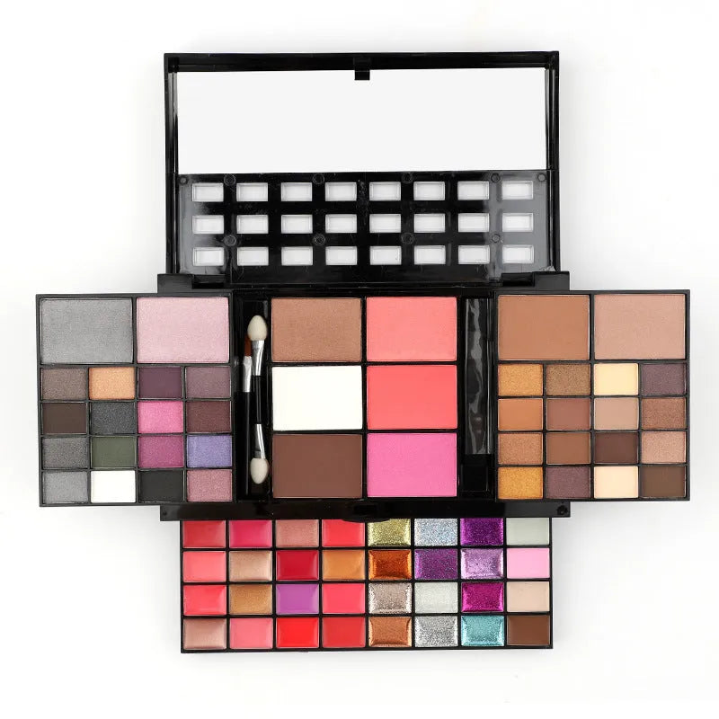 74 colour makeup palette set with four powder plates, a mirror, and included eyeshadow stick, contour brush, and lip brush