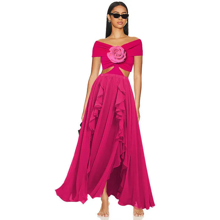 One-piece swimsuit with hollow-out design paired with matching umbrella skirt in polyester fabric