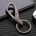 Black zinc alloy double ring keychain for waist hanging, measuring 8.3 by 3.5 centimetres.