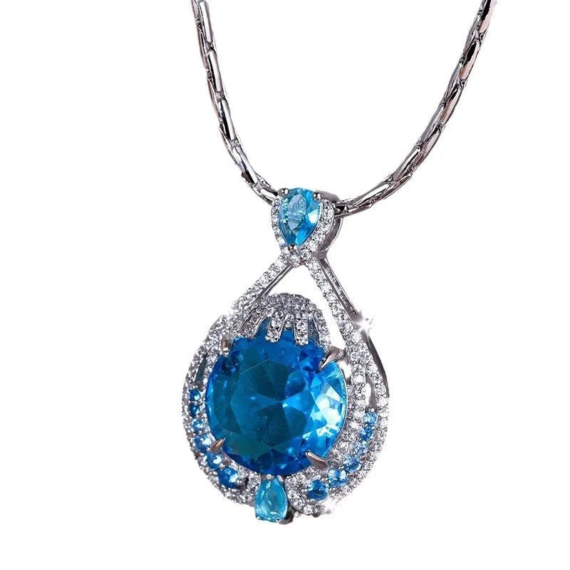 Blue crystal geometric pendant necklace with water wave chain for women's office wear