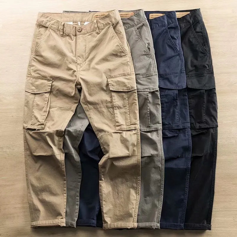 Men's cotton labour protection trousers with multiple pockets in khaki colour, cropped leg design