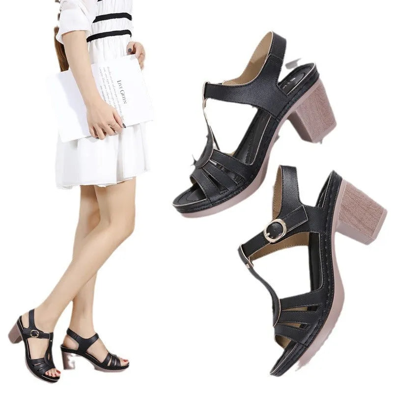Women's patent leather thick heel sandals with a round toe and silver metal buckle closure.
