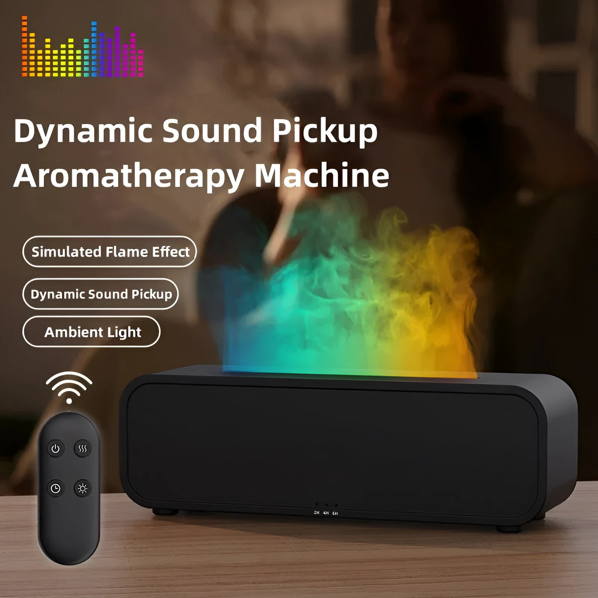 Black cylindrical aroma diffuser with colour-changing LED lights and remote control