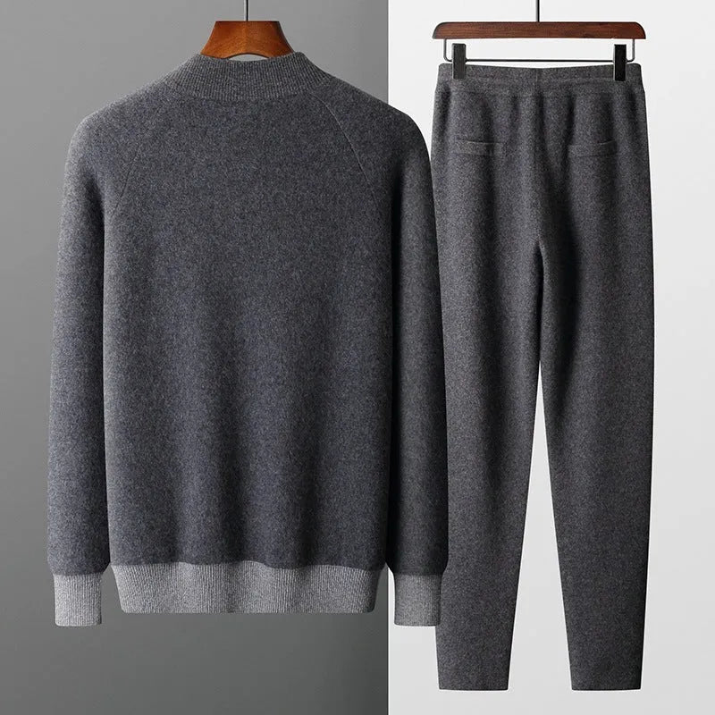 Men's navy blue cashmere wool blend cardigan and trouser winter suit with half turtleneck zipper