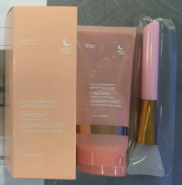 Collagen night mask bottle with application brush for even coverage on skin