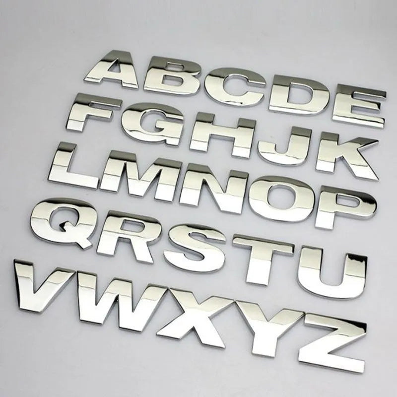 Metal zinc alloy 3D car bumper sticker showing raised English letter, approximately 2.5cm in size