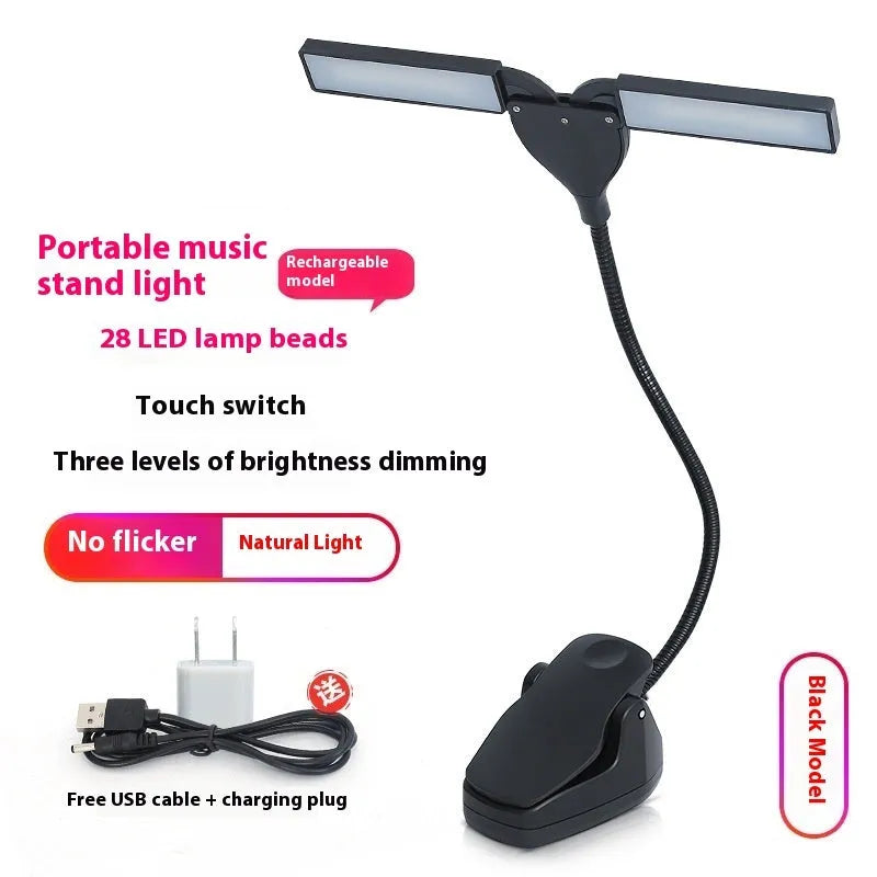 Rechargeable black music stand lamp with 28 LED lights and USB cable