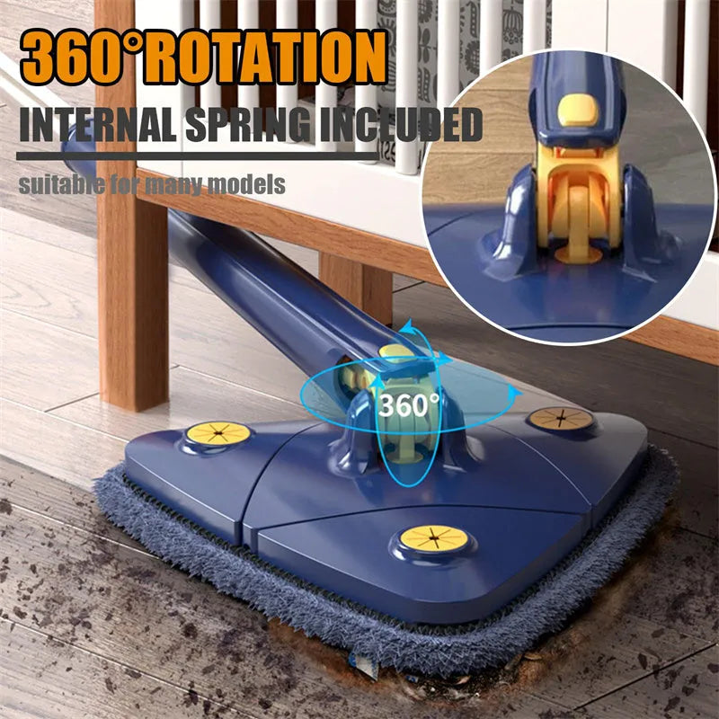 Blue triangle cleaning mop with rotating head on an extendable stainless steel pole.