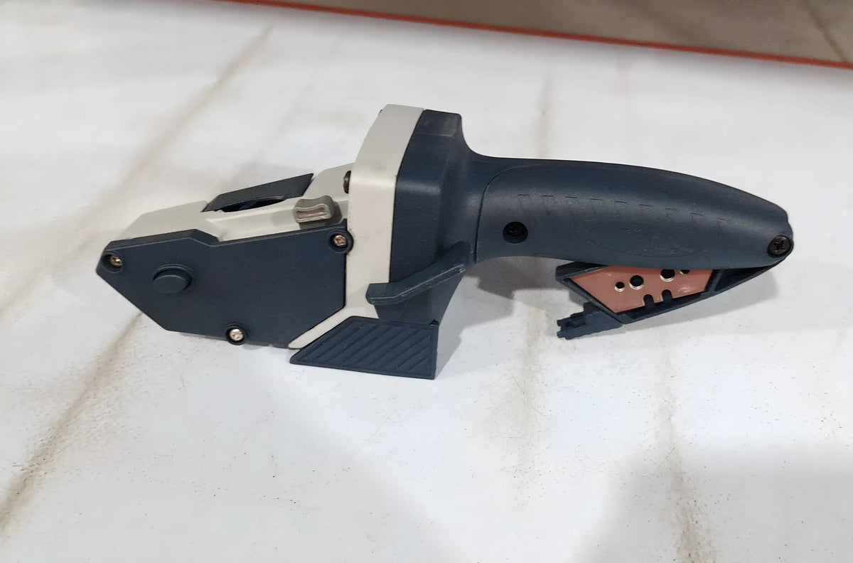 Blue multifunctional woodworking cutter with aluminium alloy body and measurement scale.