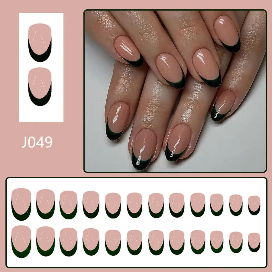 24 piece pack of black French tip false nails in a short almond shape