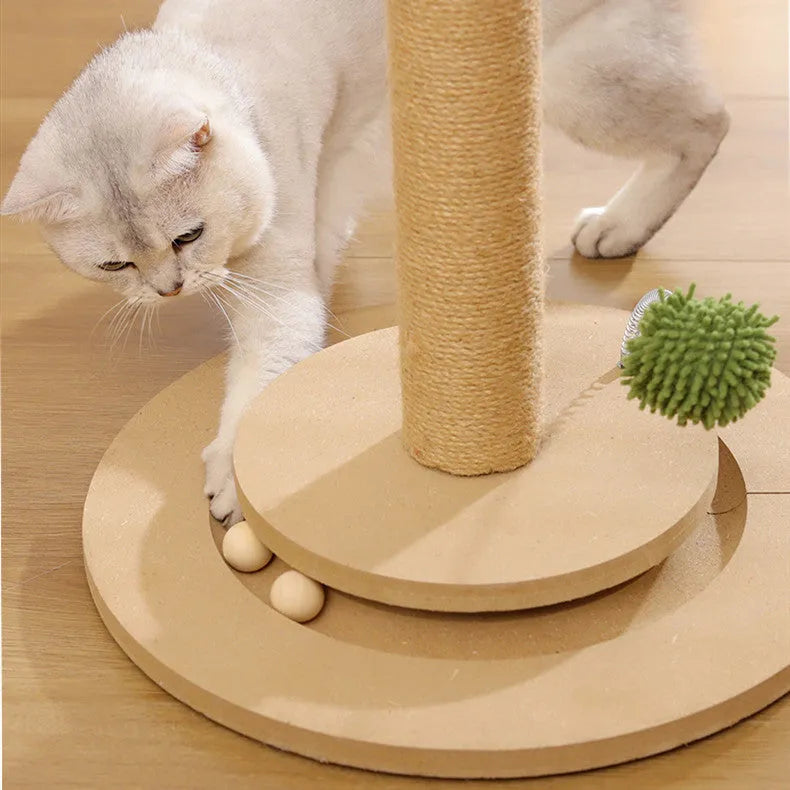 Vertical cat climbing frame with hemp rope posts and canna-coloured platforms.