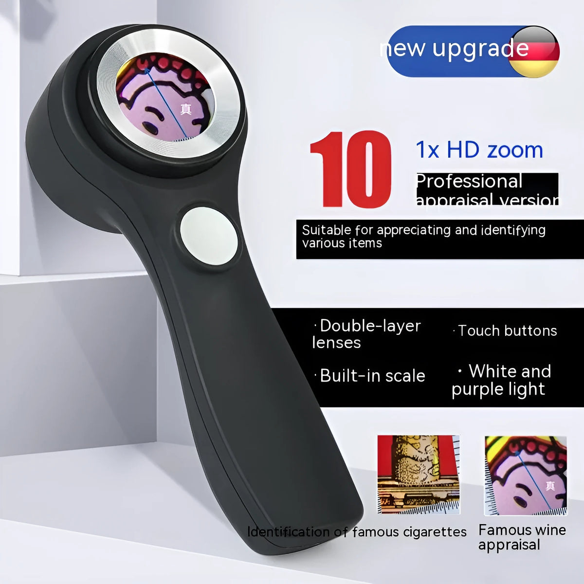 Black aluminium magnifying glass with optical lens and USB-C cable for jewellery appraisal