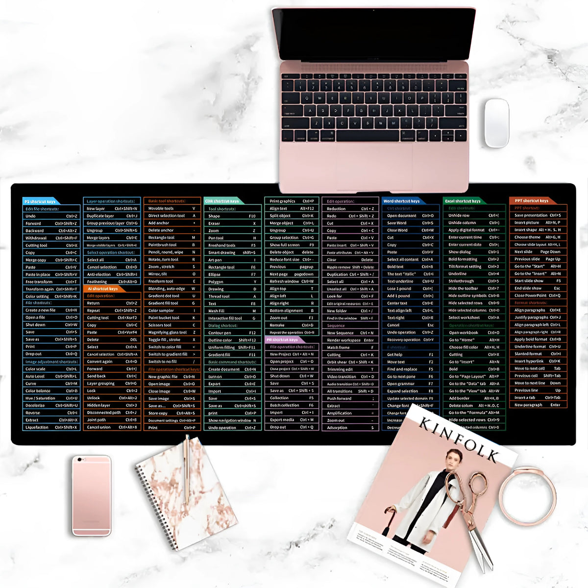 Super large black office mouse mat with white printed English keyboard shortcuts, shown on a desk.