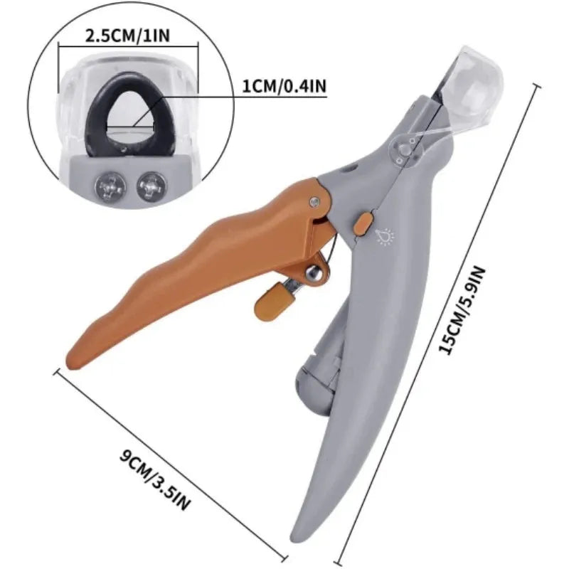 Yellow pet nail clipper with built-in LED light and magnifying glass on a white background.