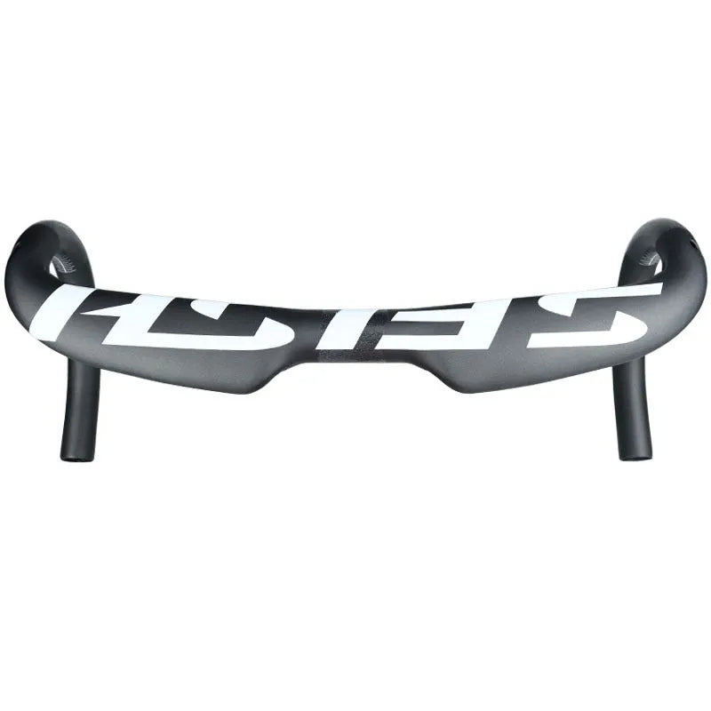Carbon fibre road bike drop handlebar showing bent shape, available in black and white finishes with size options.