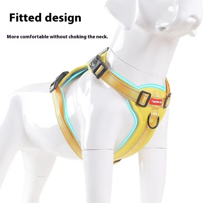 Polyester dog harness and lead set in multiple colours with chest strap design for walking control