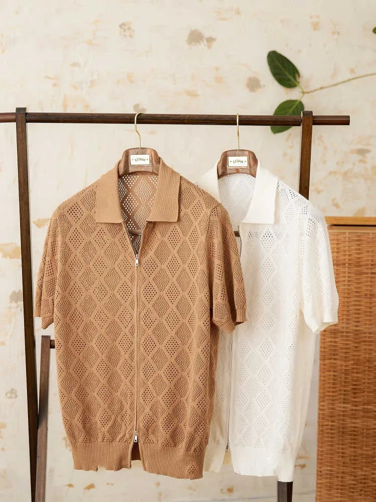 Men's light brown cotton short sleeve cardigan with zipper front and lapel collar