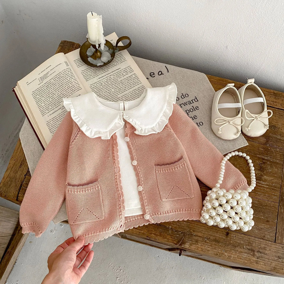 Baby girl cotton cardigan in lotus root pink, single-breasted long sleeve knitted coat for 0-3 years, sizes 66cm-100cm.
