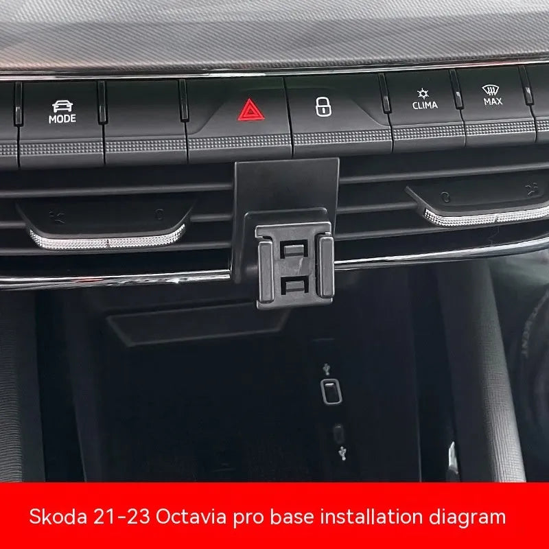 Black snap-on car phone bracket for Škoda vehicles with air vent mounting