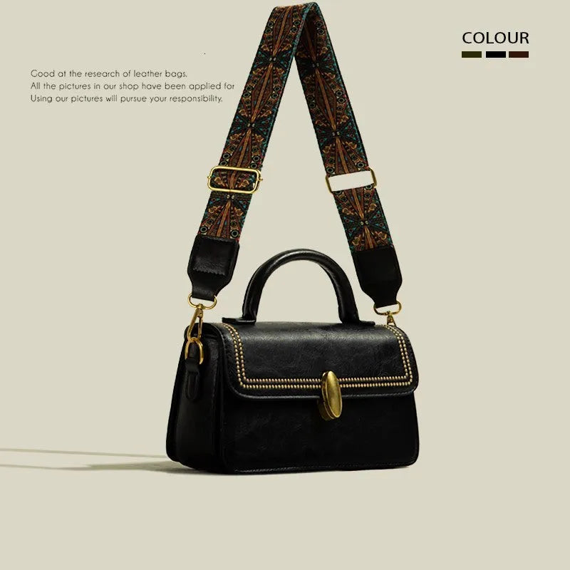 Brown retro messenger bag with vertical square shape showing internal phone and document compartments