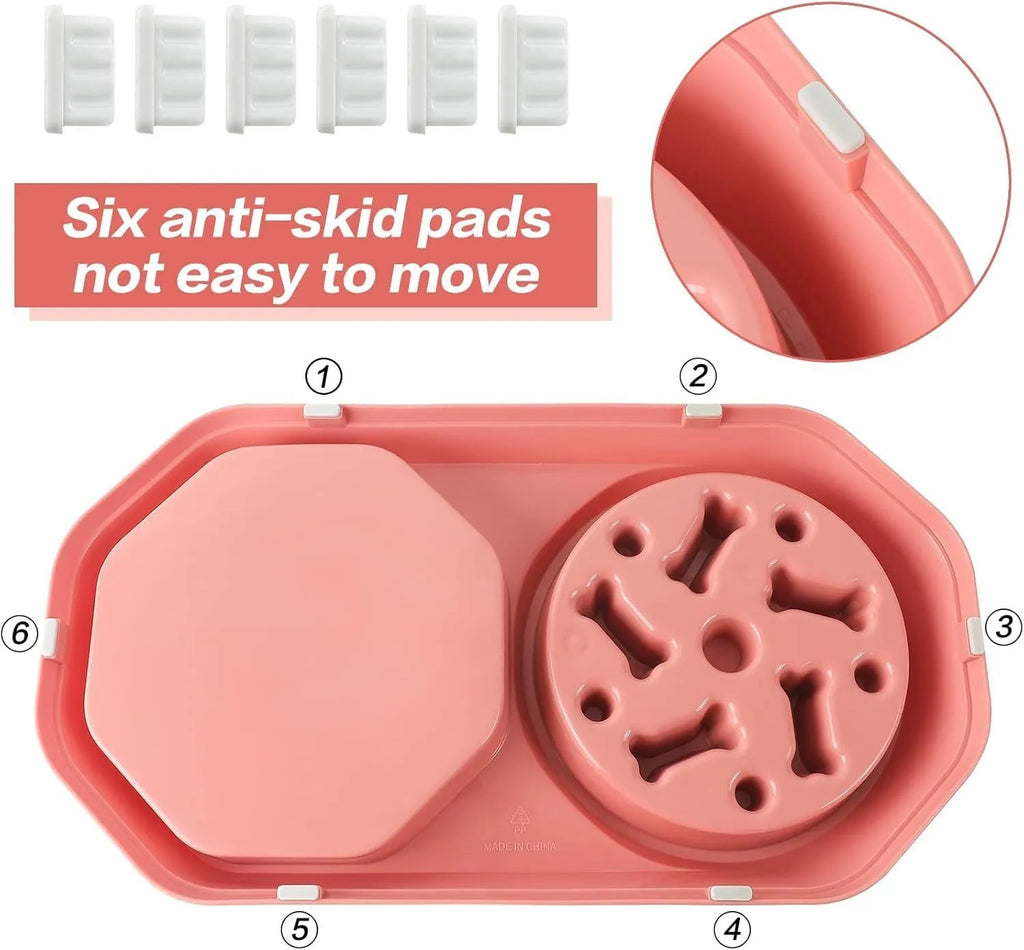 Blue interactive slow feeder dog bowl with maze design and non-slip pads for healthy eating