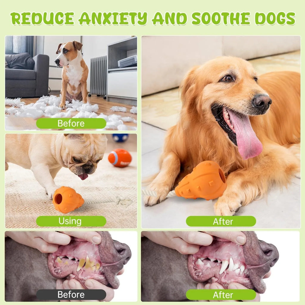 Natural rubber stuffable dog chew toy with longer strap for interactive play and treat dispensing